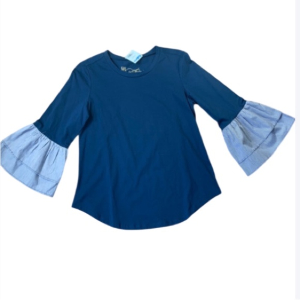 DG2 navy blue top w striped ruffle bell sleeve detail boho XS - Picture 17 of 17